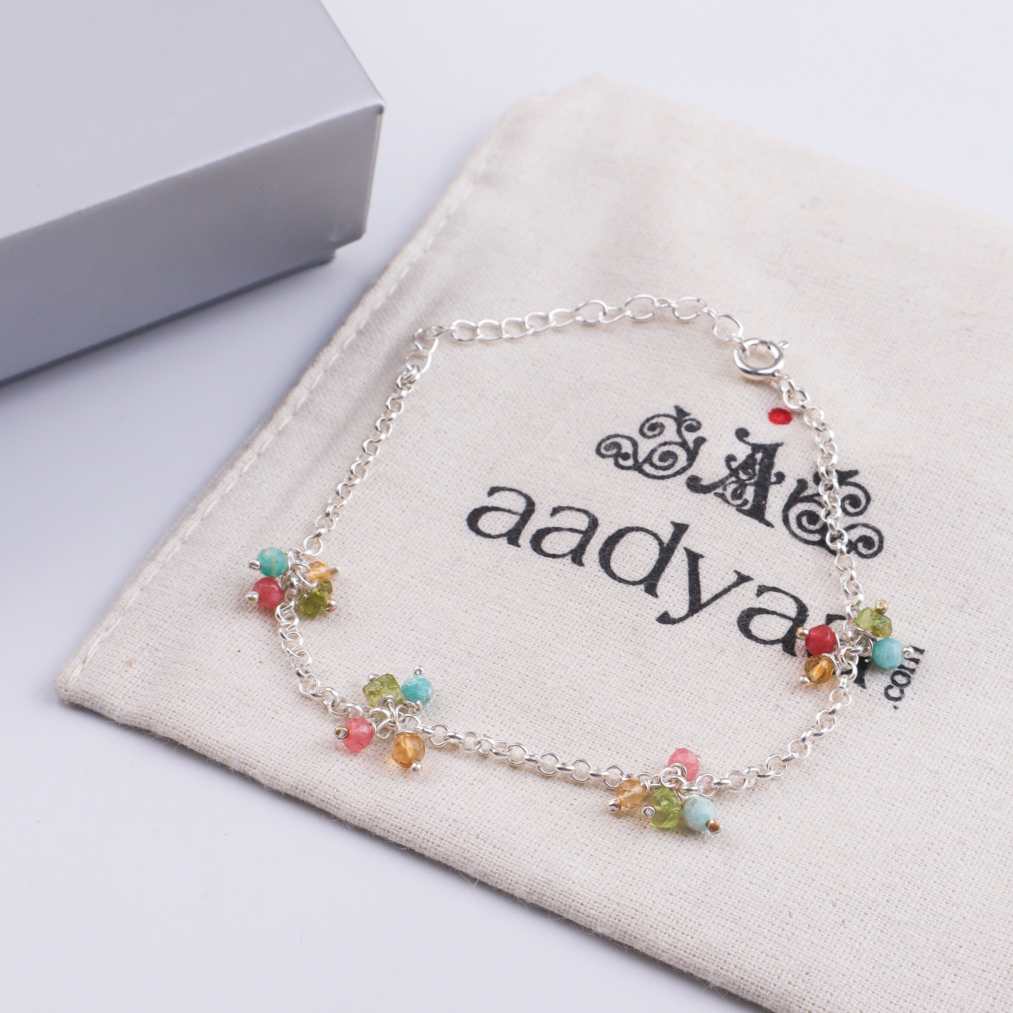 Multicolor Stone Bunch Silver Bracelet (Project Handmade)