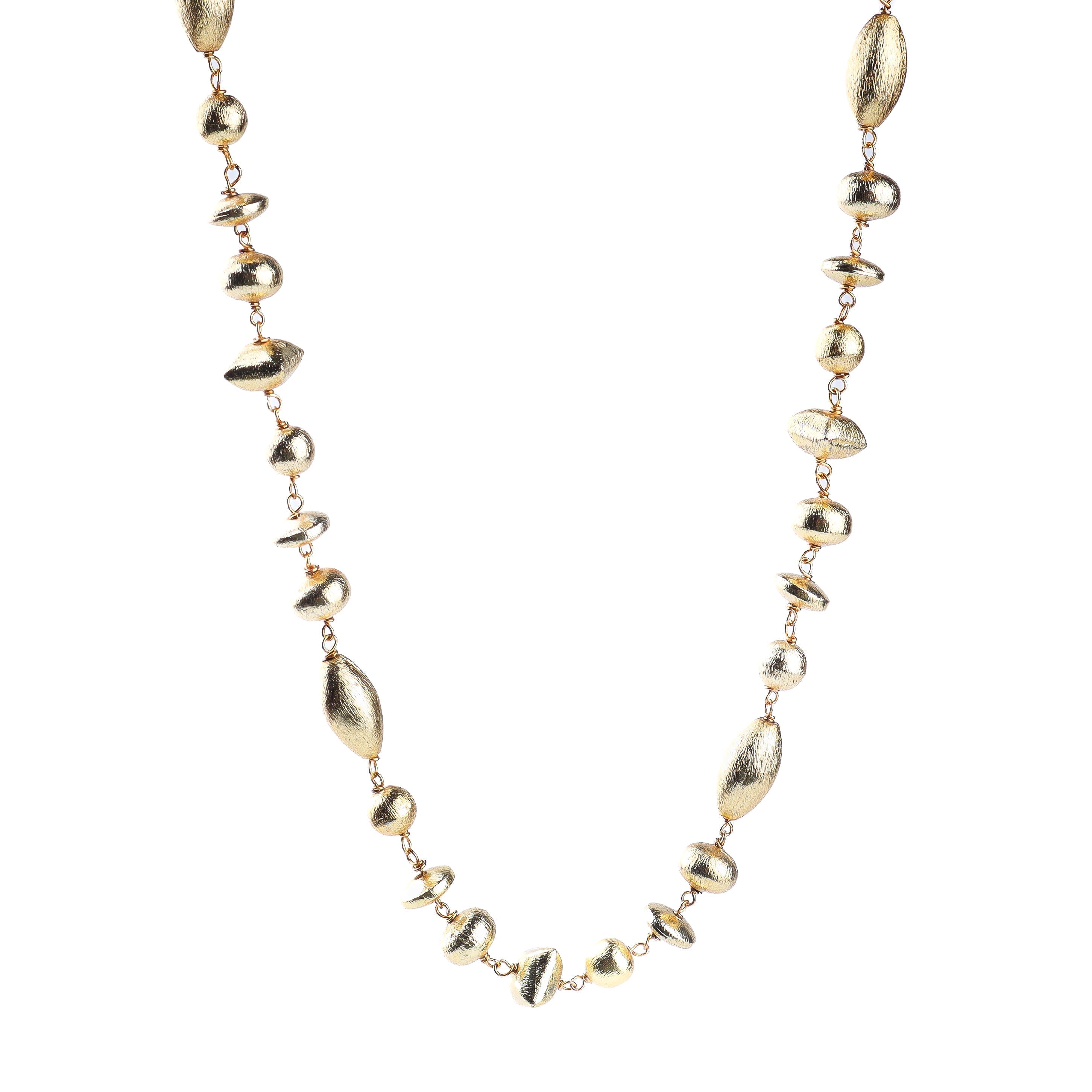Angled view of a 22K gold-plated fashion necklace highlighting its elegant structure, design, and polished gold finish