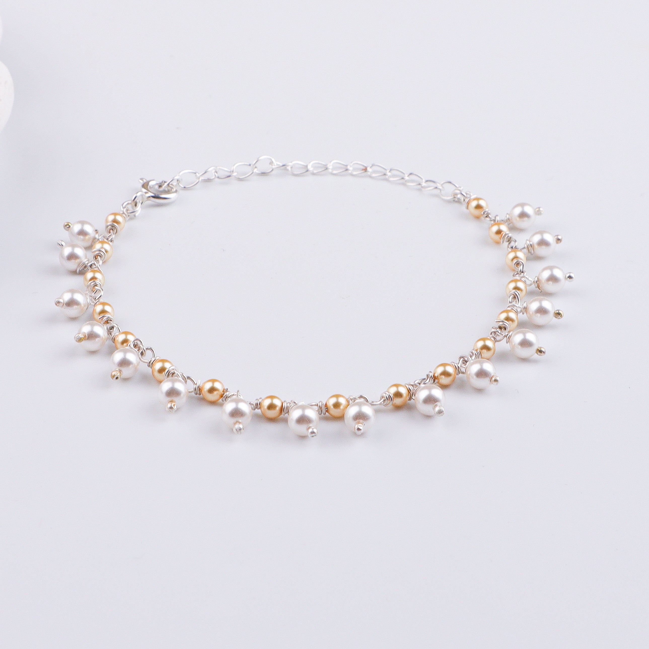 White & Golden Pearl Silver Bracelet (Project Handmade)