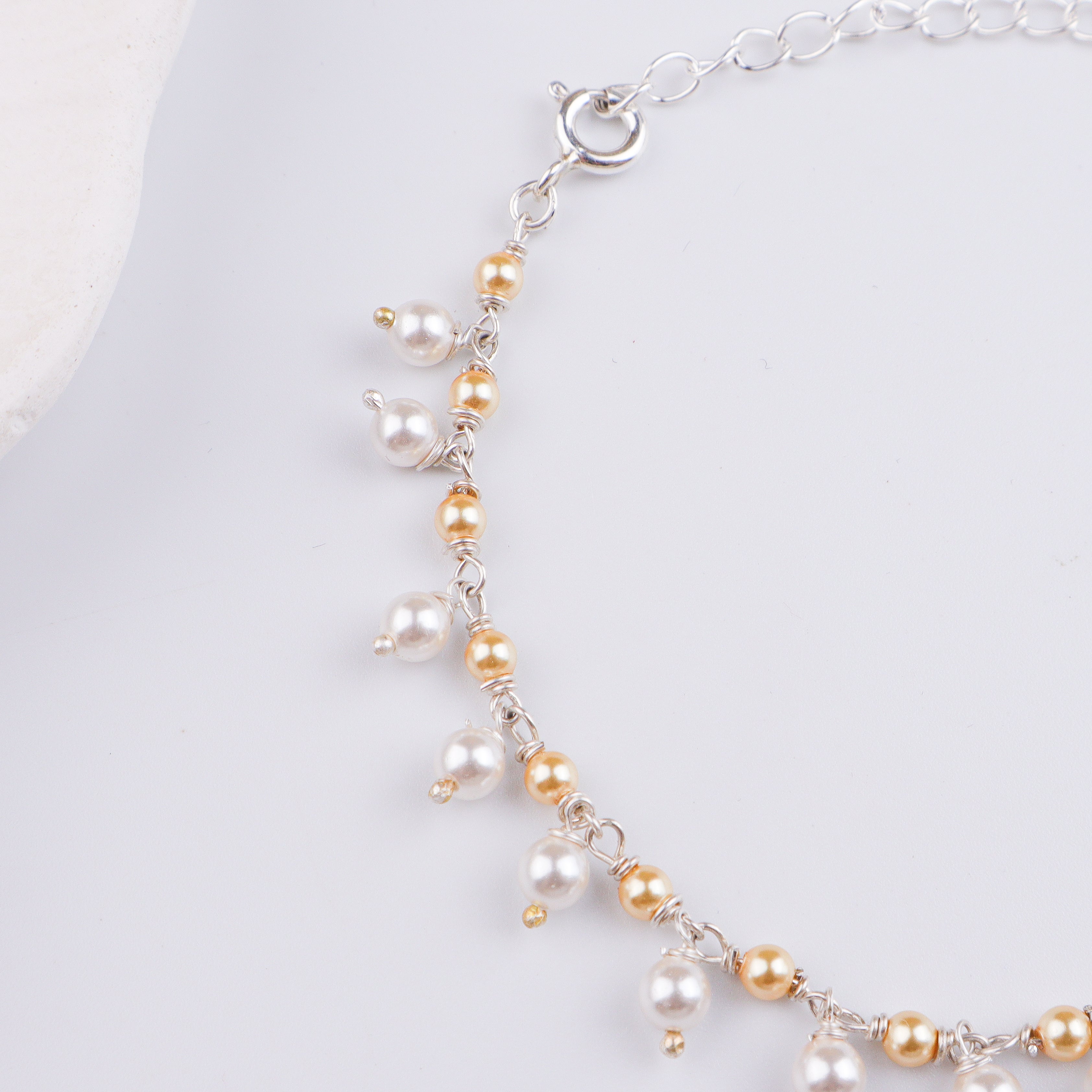 White & Golden Pearl Silver Bracelet (Project Handmade)