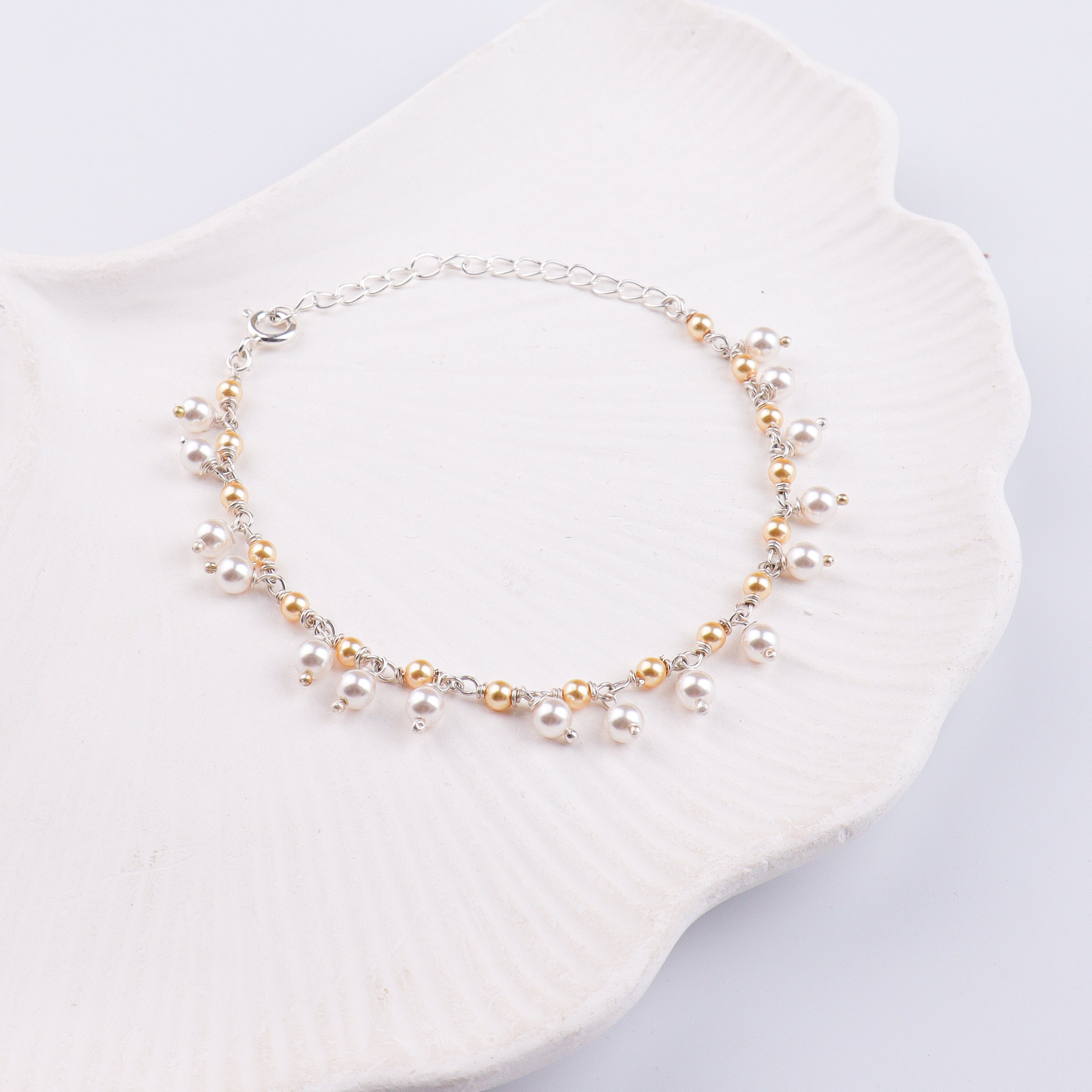 White & Golden Pearl Silver Bracelet (Project Handmade)