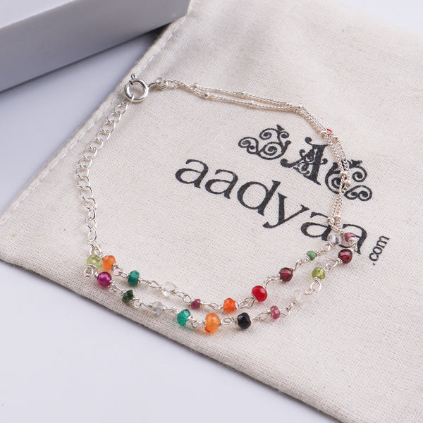 Multicolor Stone Silver Chain Bracelet (Project Handmade)