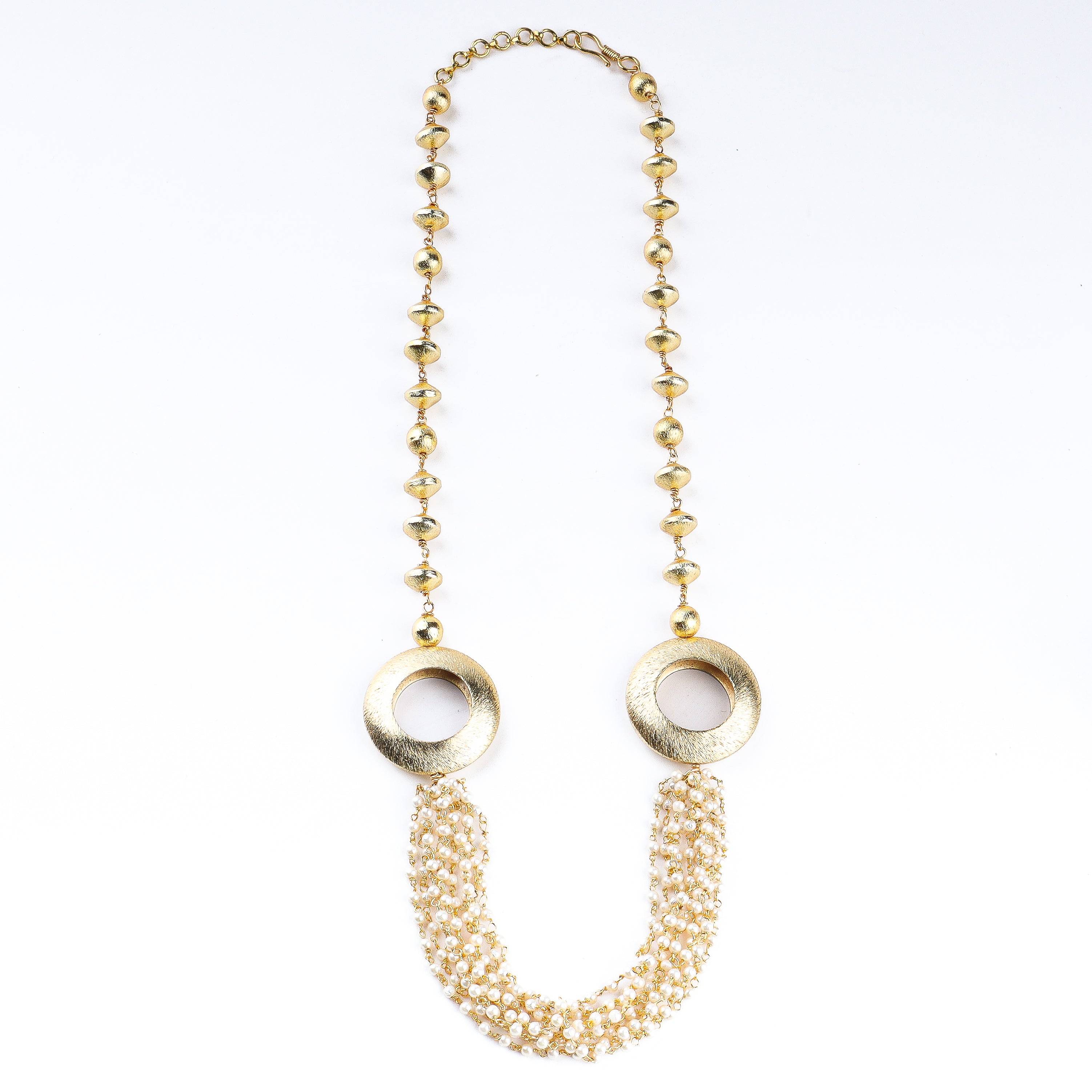Detailed view of 22K gold-plated fashion necklace highlighting intricate motifs, textured detailing, and premium 22K gold-plated finish