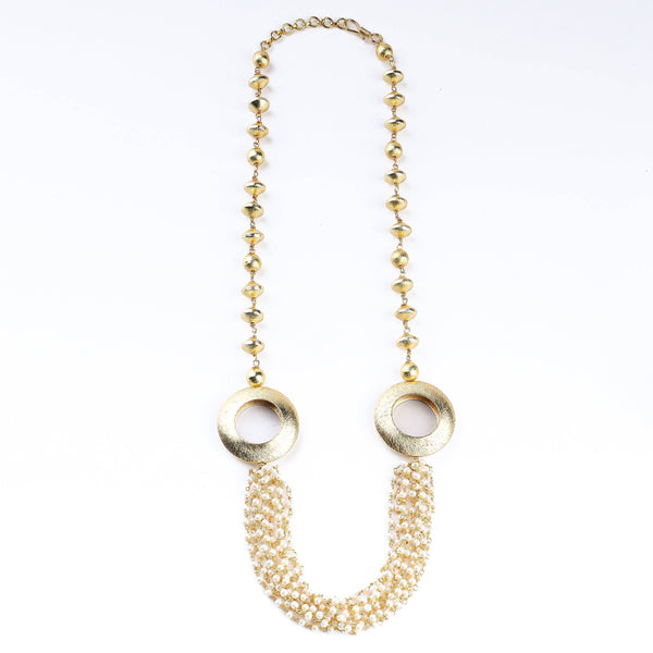 Detailed view of 22K gold-plated fashion necklace highlighting intricate motifs, textured detailing, and premium 22K gold-plated finish