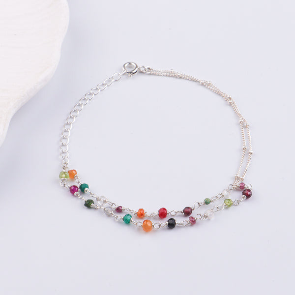 Multicolor Stone Silver Chain Bracelet (Project Handmade)