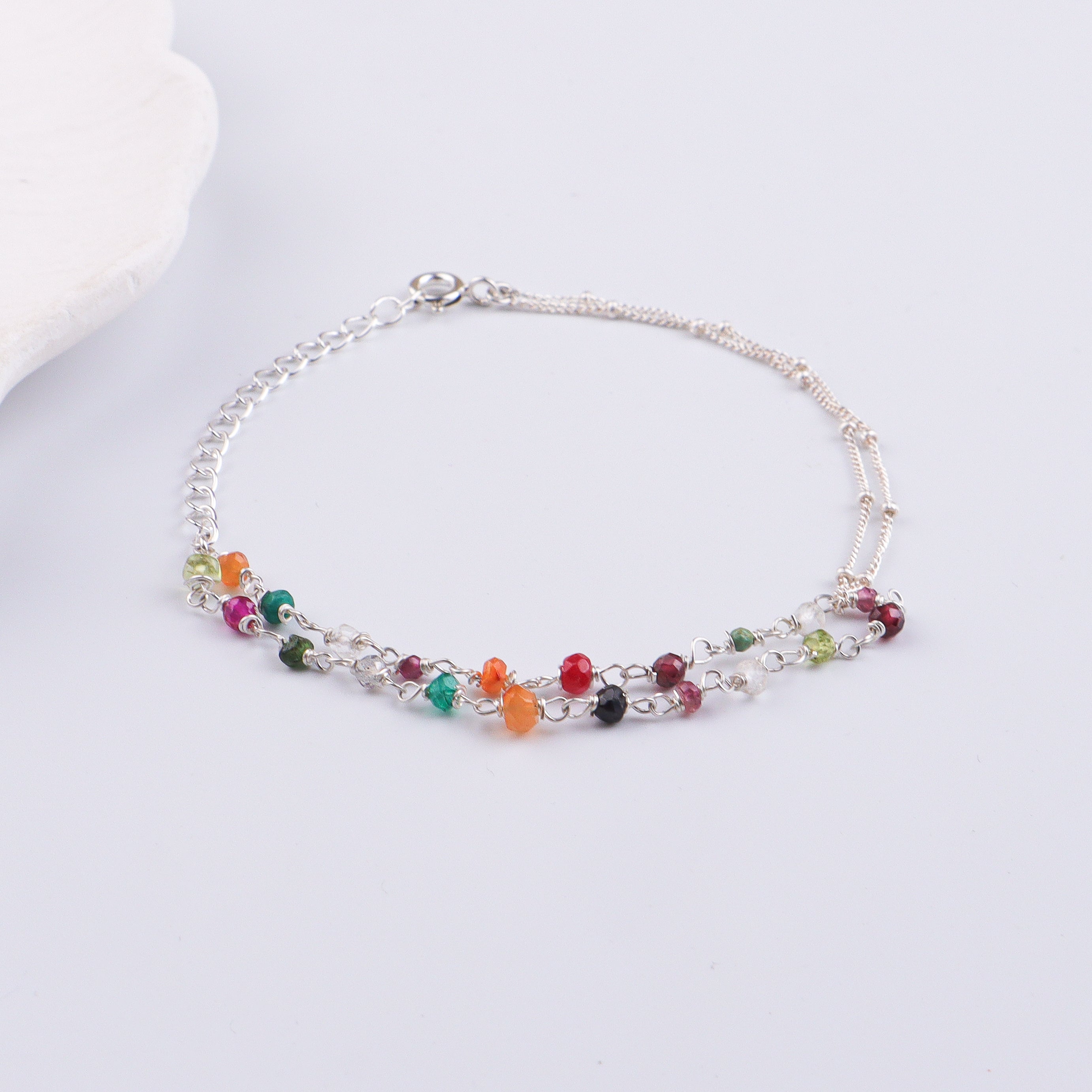 Multicolor Stone Silver Chain Bracelet (Project Handmade)