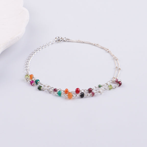 Multicolor Stone Silver Chain Bracelet (Project Handmade)