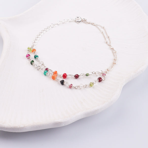 Multicolor Stone Silver Chain Bracelet (Project Handmade)