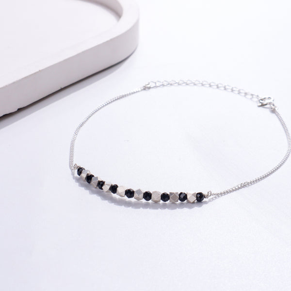 Silver chain anklet with black and silver beads