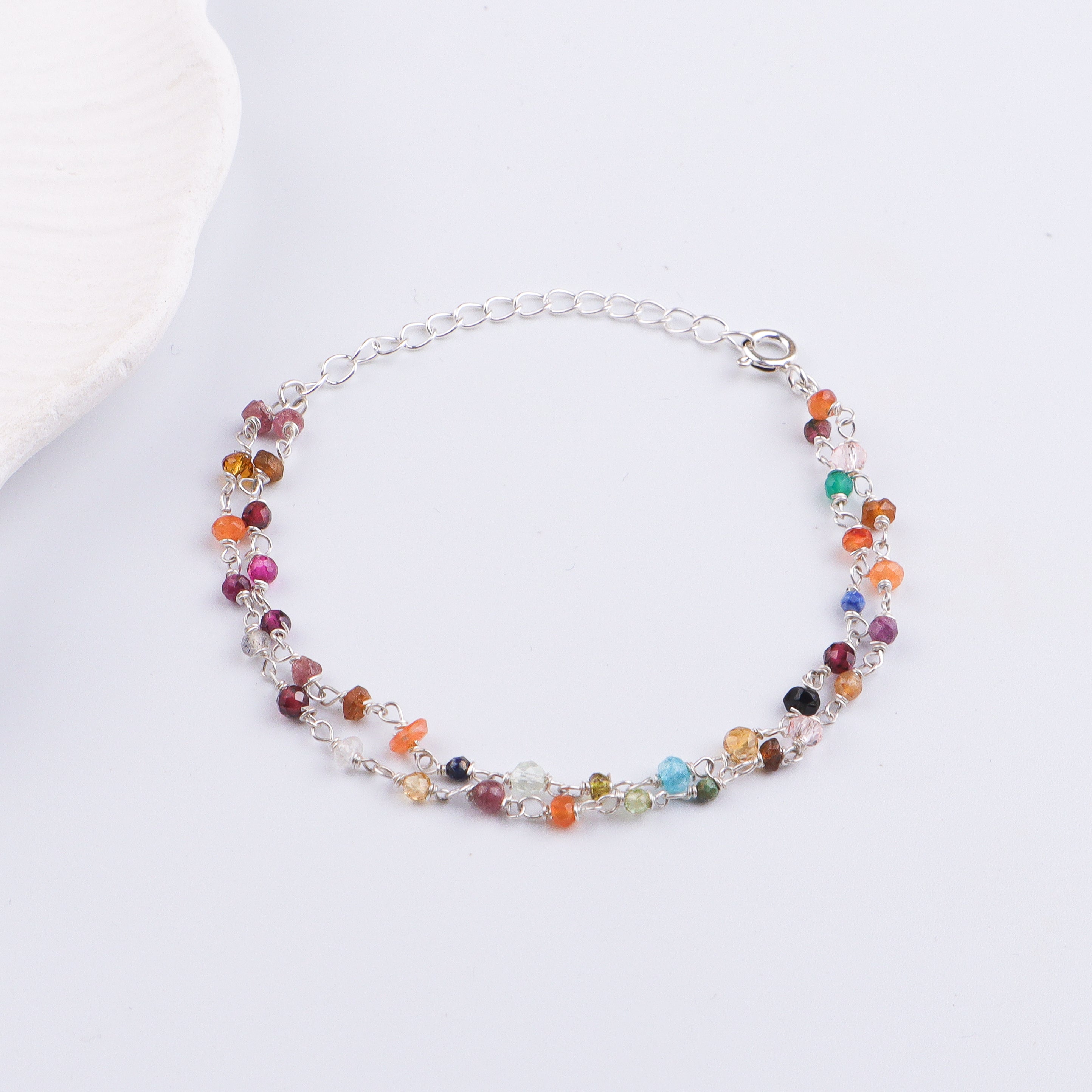 Two Layered Multicolor Stone Silver Bracelet (Project Handmade)