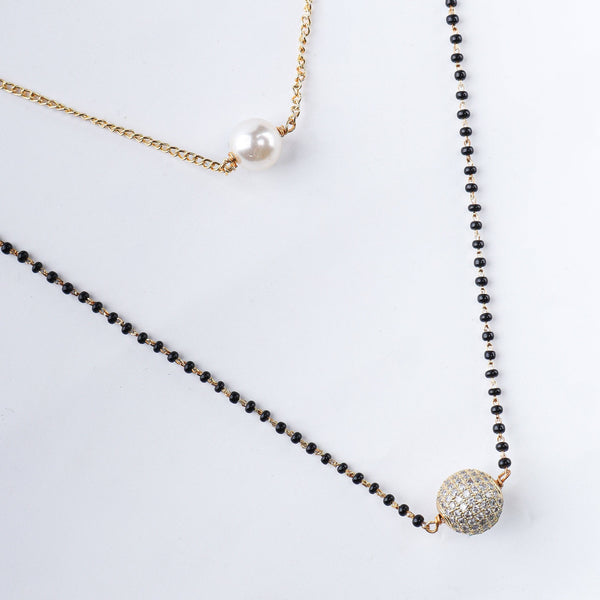 Angled view of 22K Gold Plated Fashion Mangalsutra highlighting its elegant structure, unique design, and polished gold finish