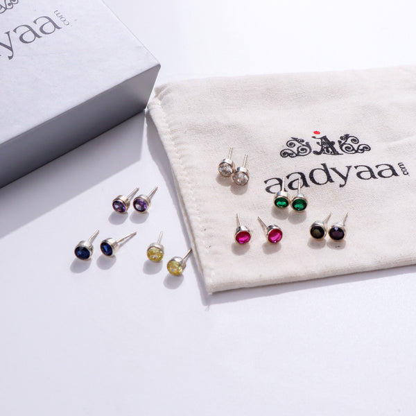 Colorful CZ stud earrings with silver setting