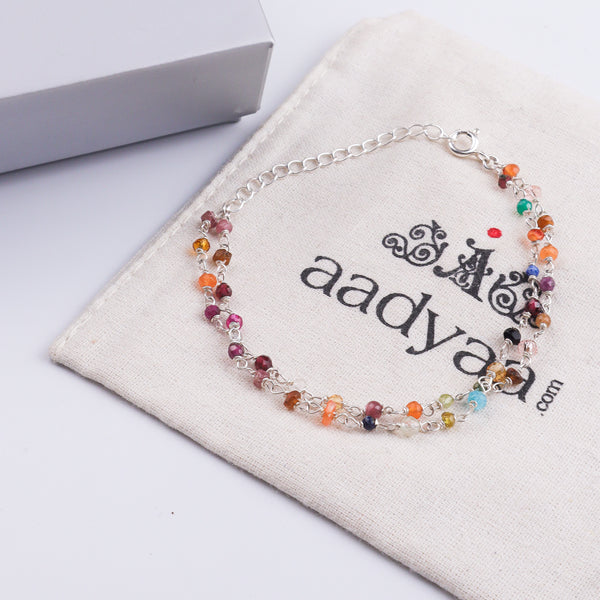 Two Layered Multicolor Stone Silver Bracelet (Project Handmade)