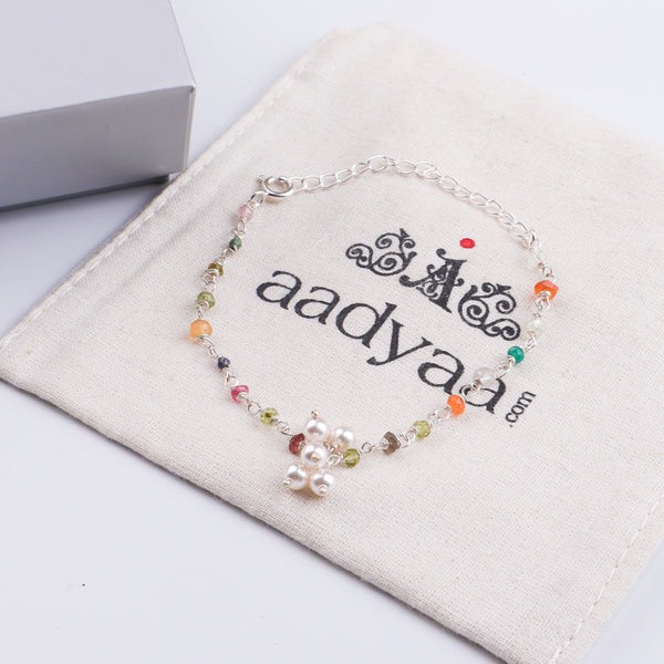 Multicolor Stone & Pearl Bunch Silver Bracelet (Project Handmade)