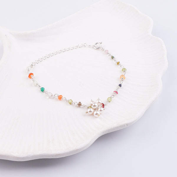 Multicolor Stone & Pearl Bunch Silver Bracelet (Project Handmade)