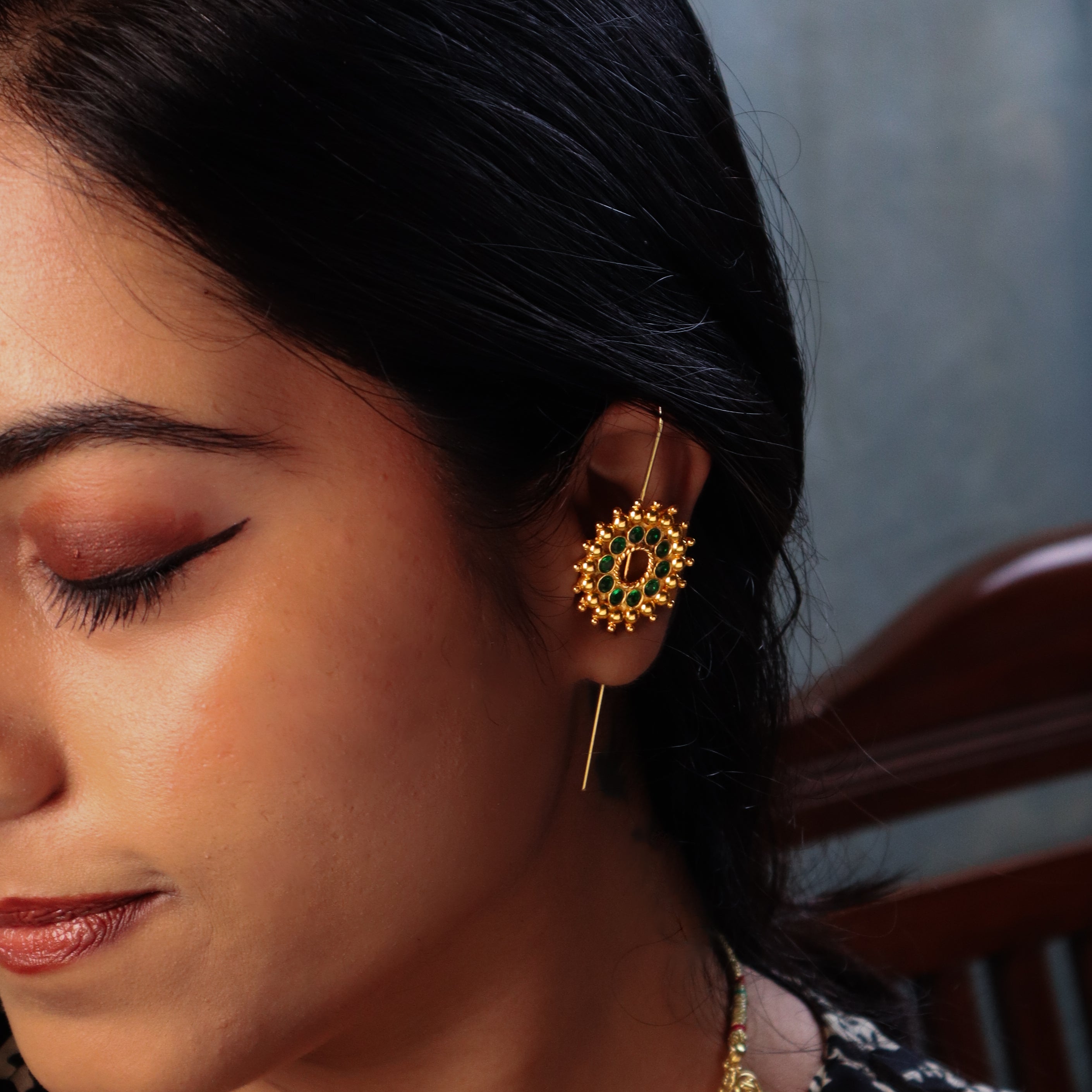 Green Karwar Motif Single Earcuff | 92.5 Silver | 22K Gold Plated