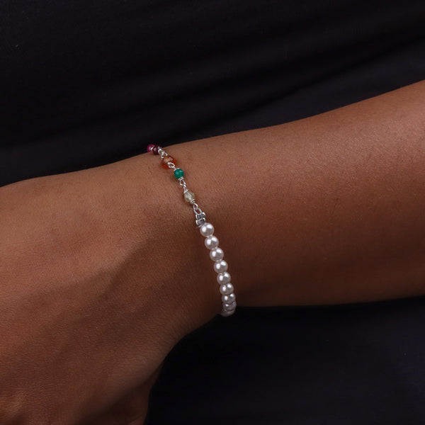 Multicolor Stone & Pearl Silver Bracelet (Project Handmade)