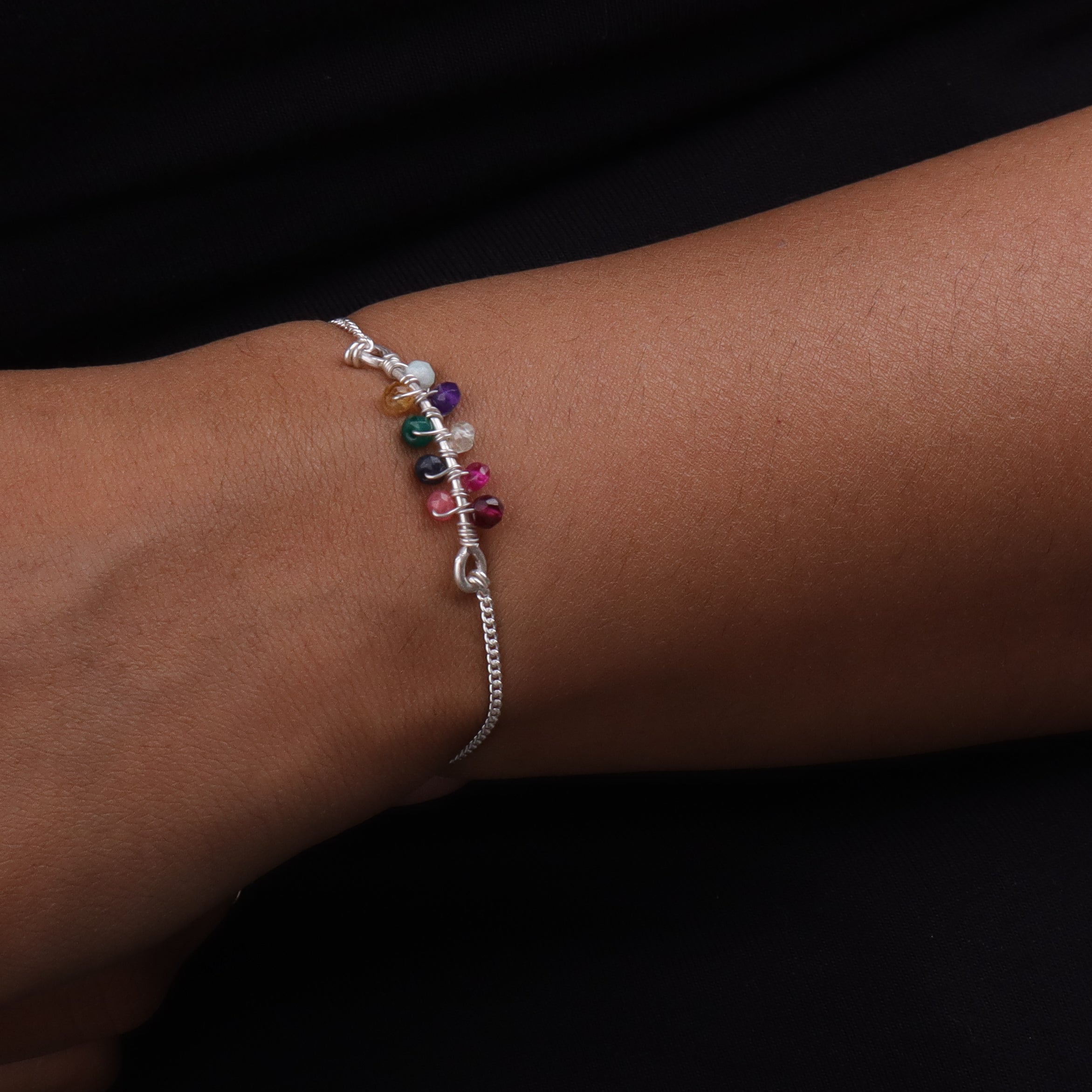 Multicolor Stone Silver Chain Bracelet (Project Handmade)