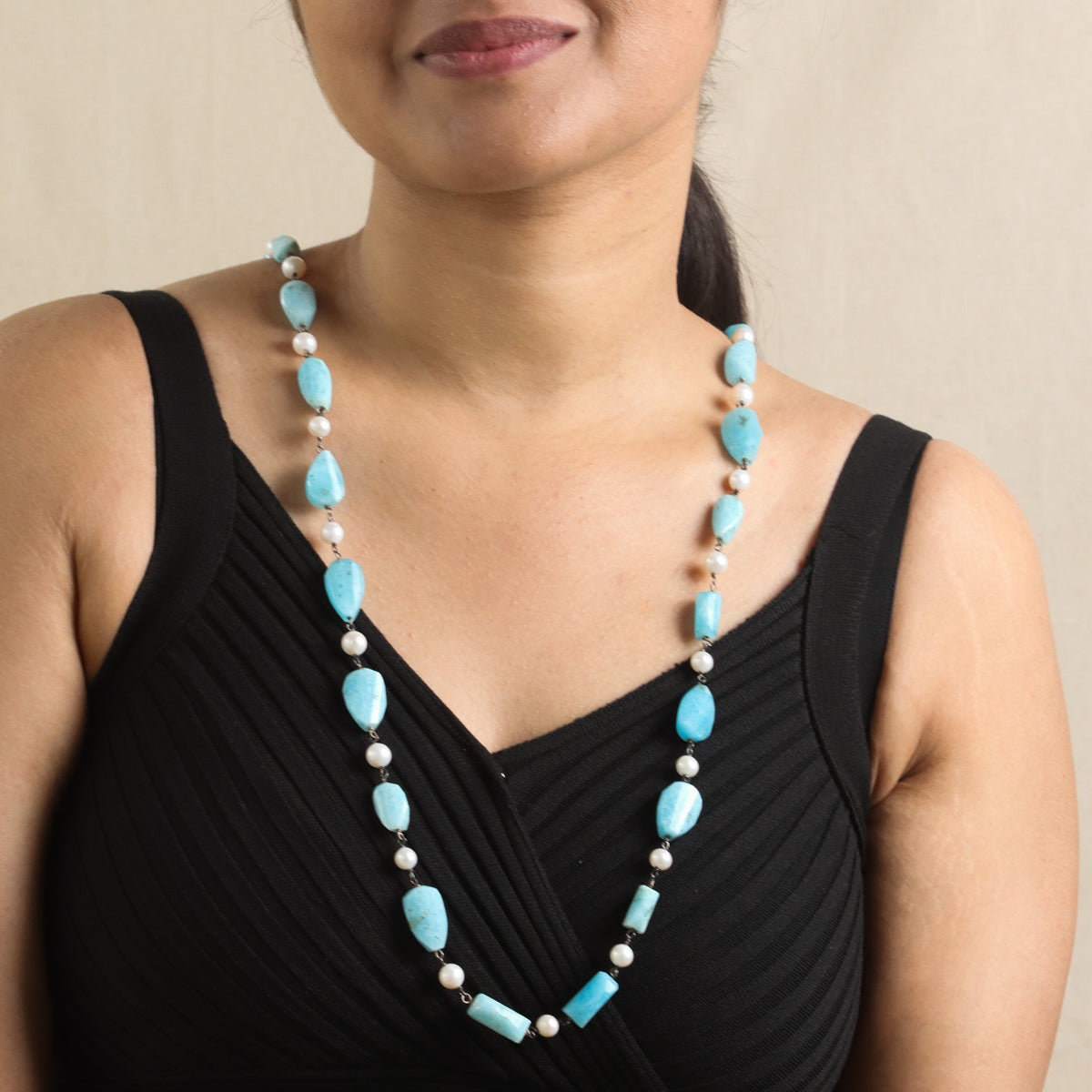 Larimar and Pearls Silver Necklace
