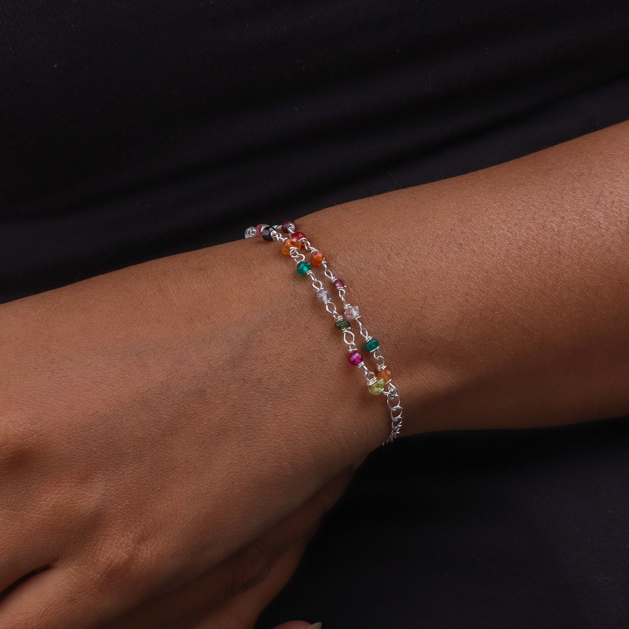 Multicolor Stone Silver Chain Bracelet (Project Handmade)