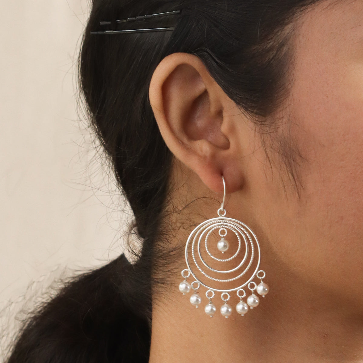 Silver Pearl Chand Bali Earring with pearl drops