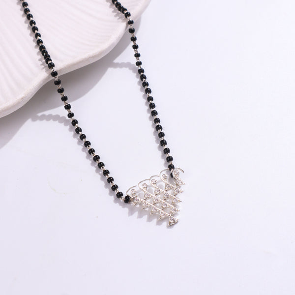 Silver CZ Saraswati Mangalsutra with black beads and crystal pendant