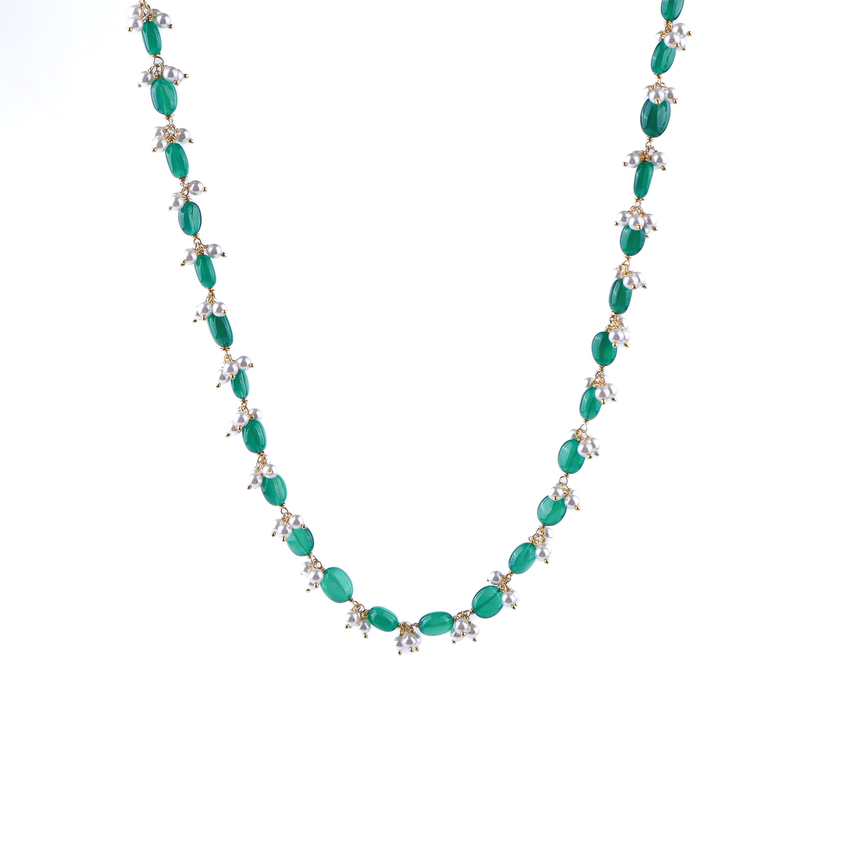 Green onyx and pearl gold plated silver necklace