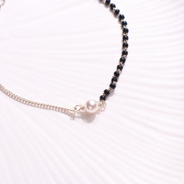 Silver pearl mangalsutra necklace with black beads and chain