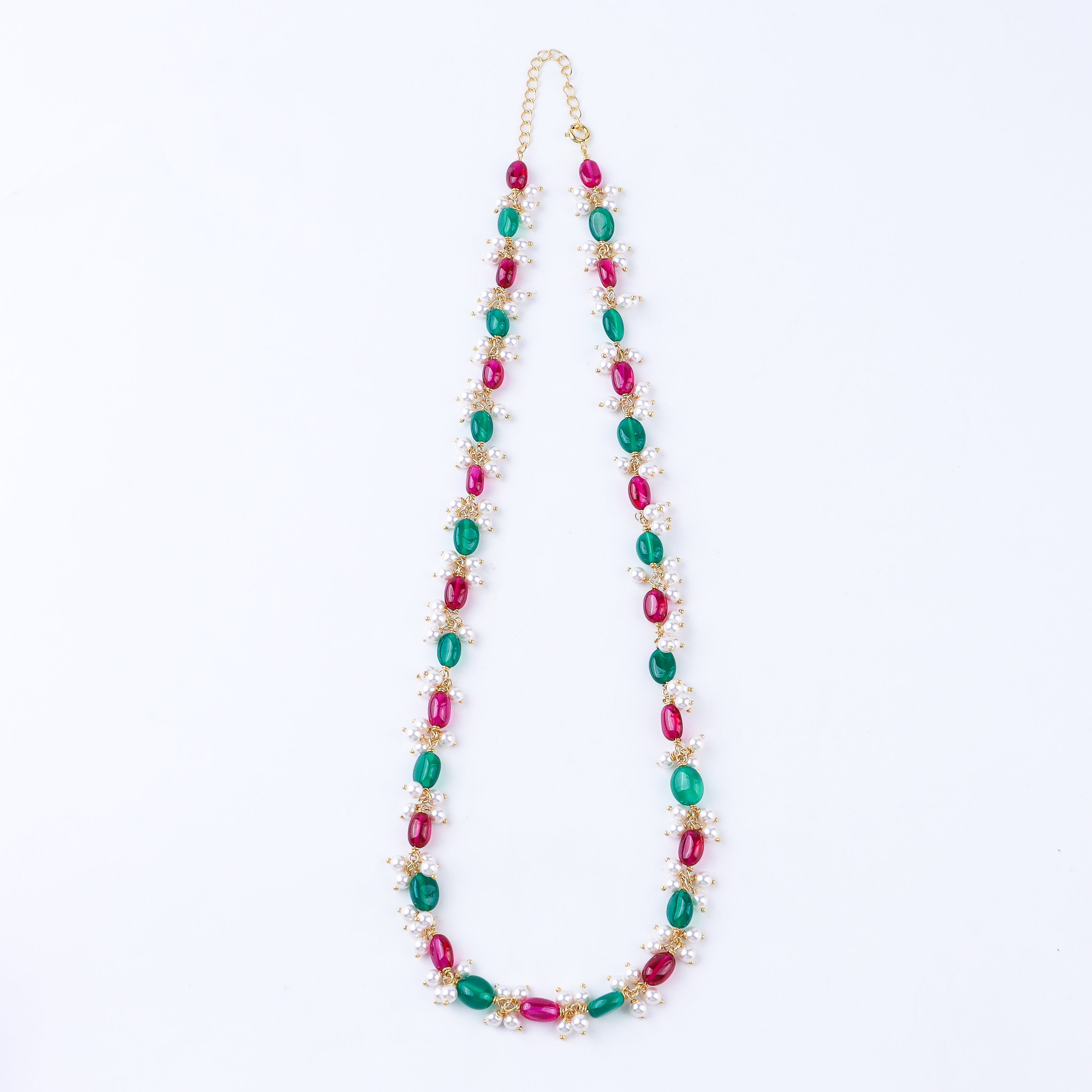 Handcrafted luxe necklace with green onyx rubies and pearls polished finish