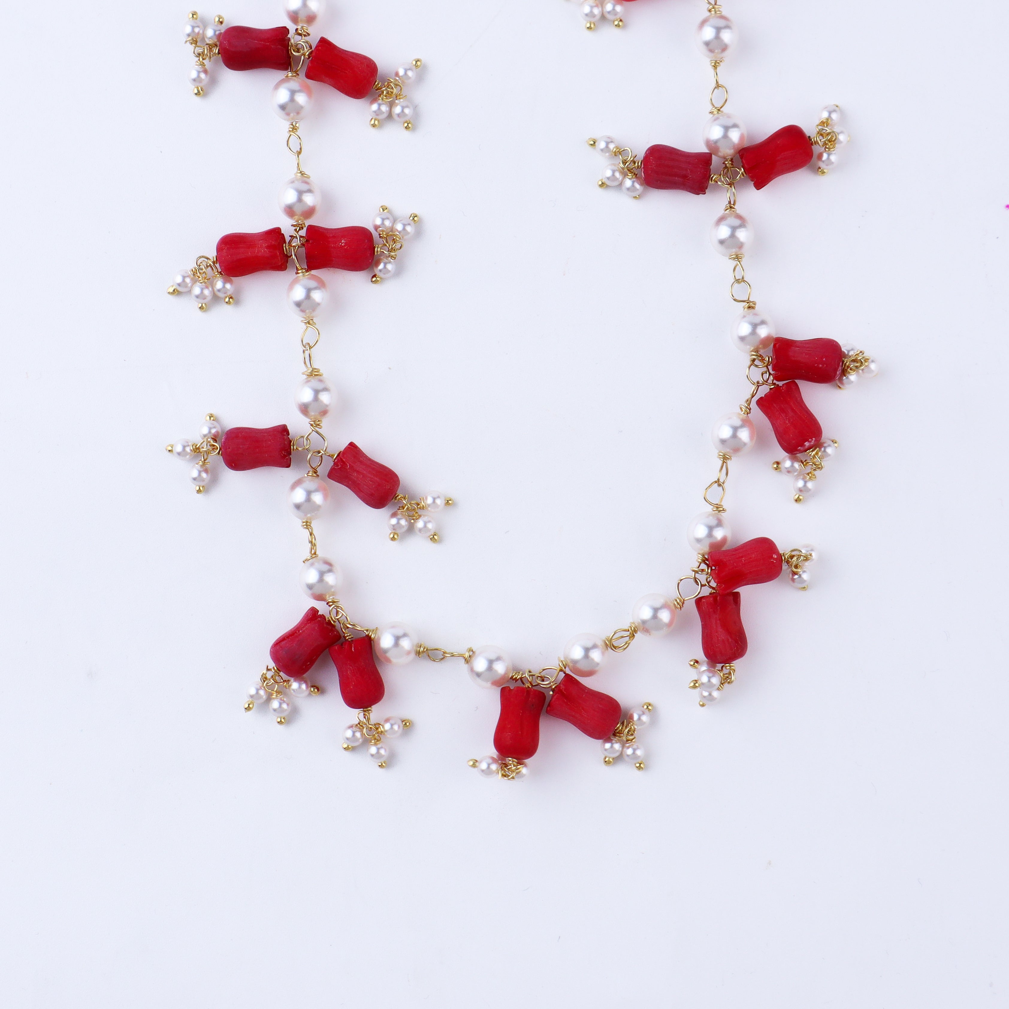 Coral and pearl gold plated silver necklace