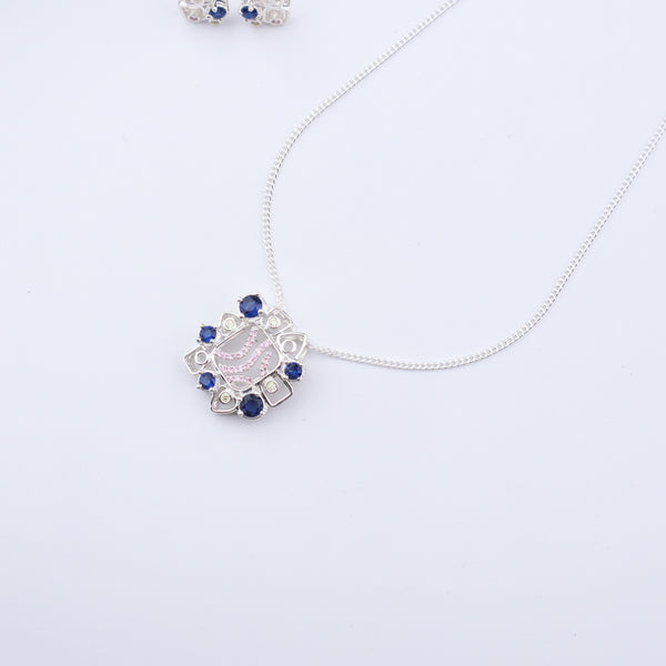 Silver Vivid Bloom jewelry set with chain, crescent motif, blue CZ accents, sterling silver