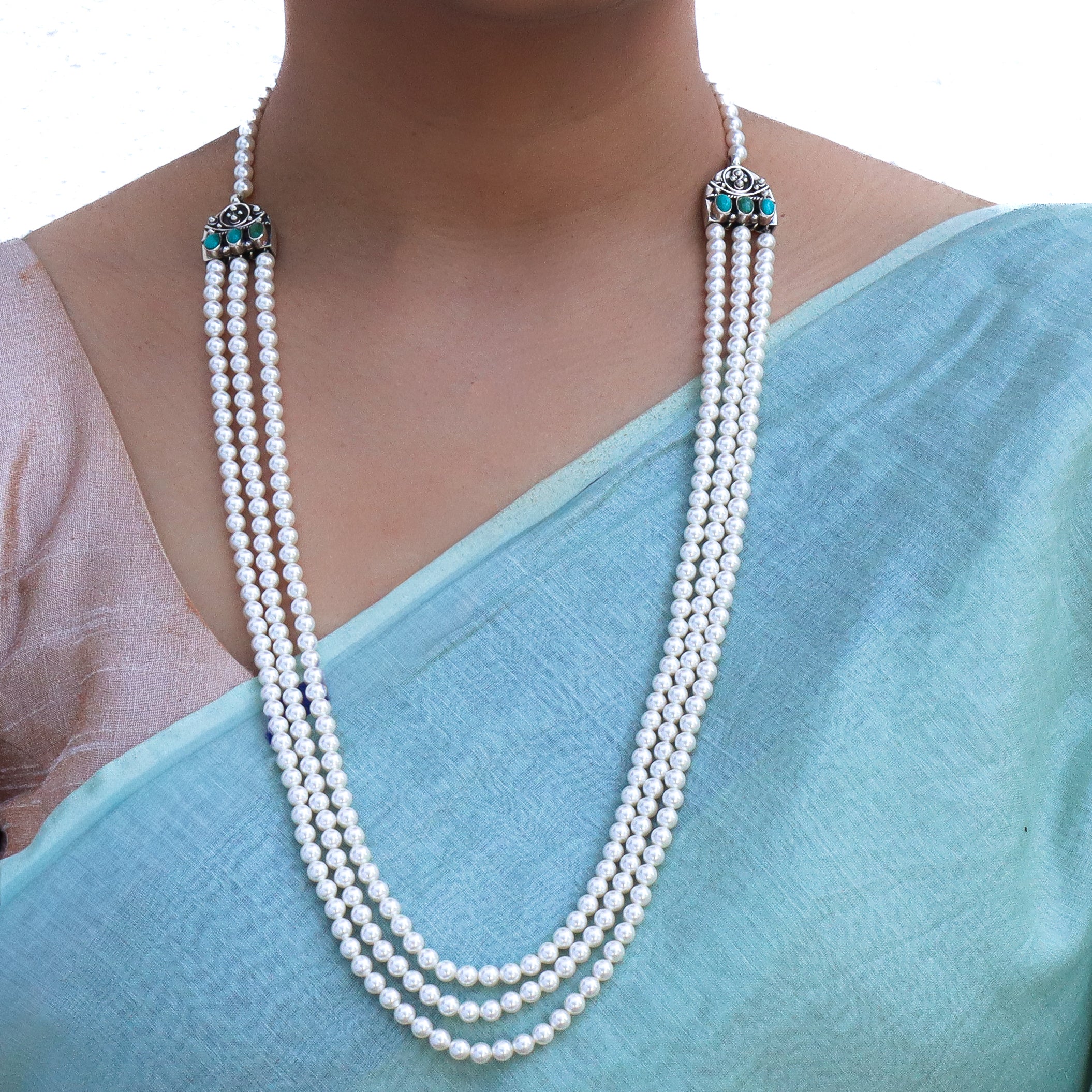 3 Layer Green Semi-precious Stone Pearl Neckalce | 92.5 Silver