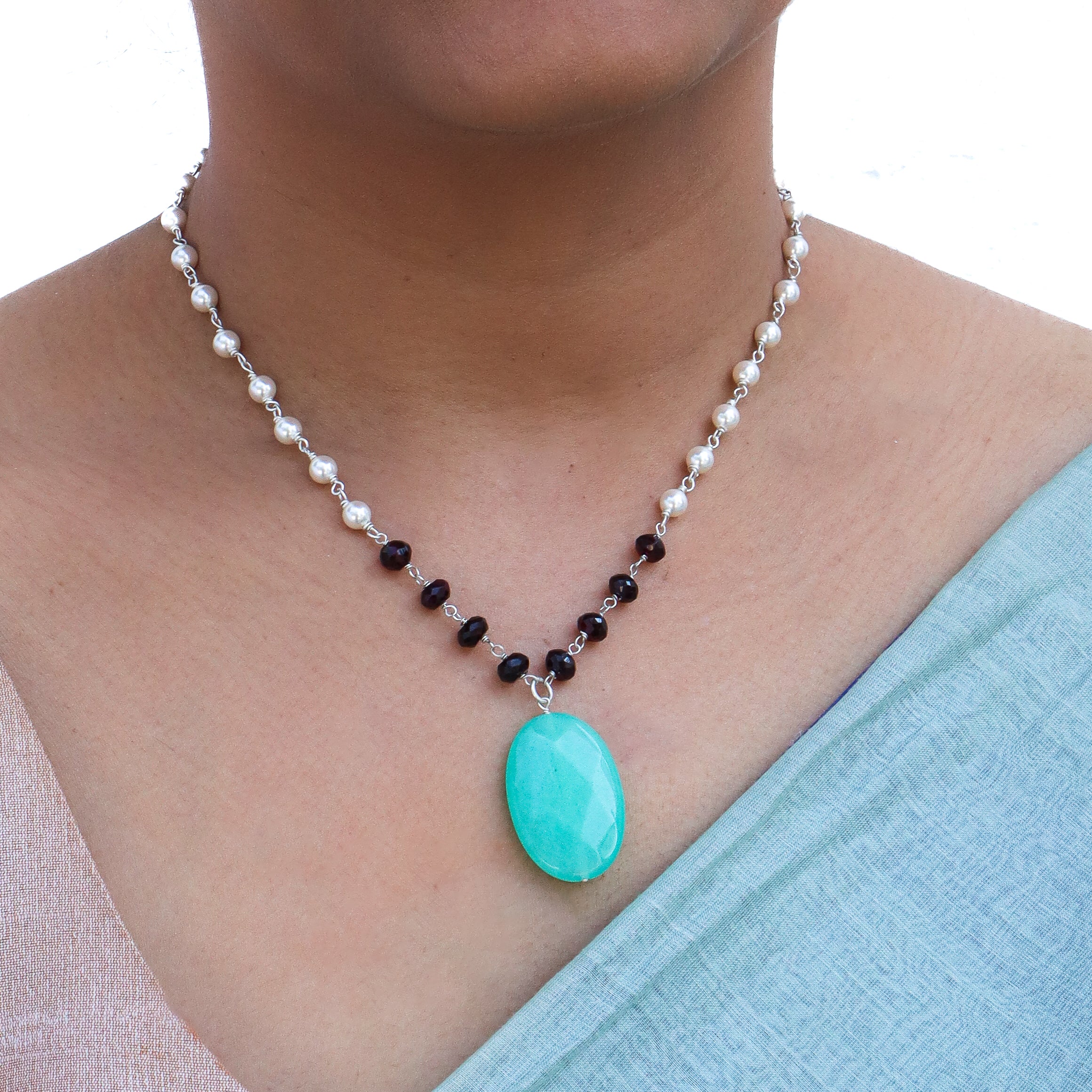 Silver Pearl Ganthan Necklace With Multi-color Stone