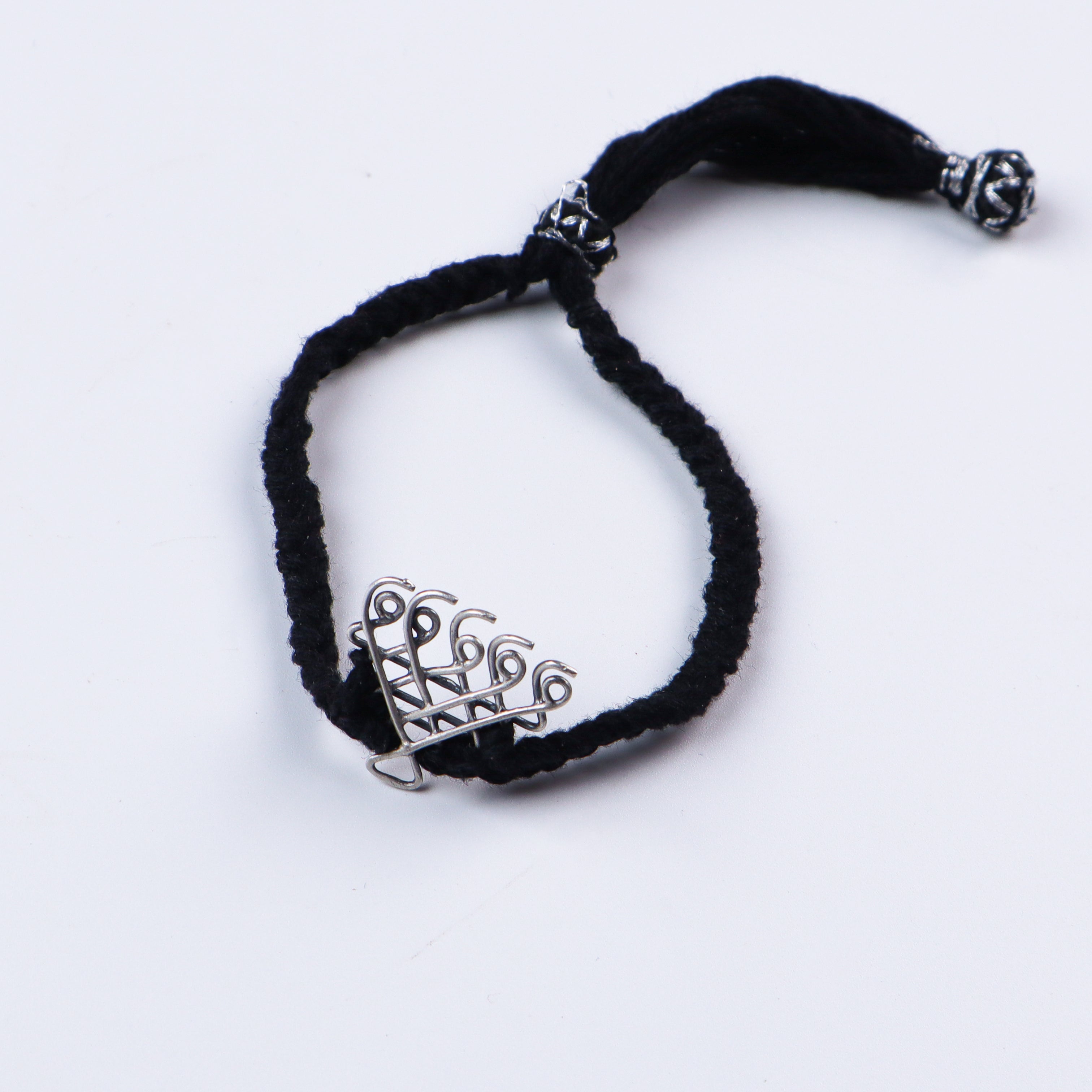 Silver Saraswati Bracelet for Men / Women with Black Thread ( Motif size : Small )