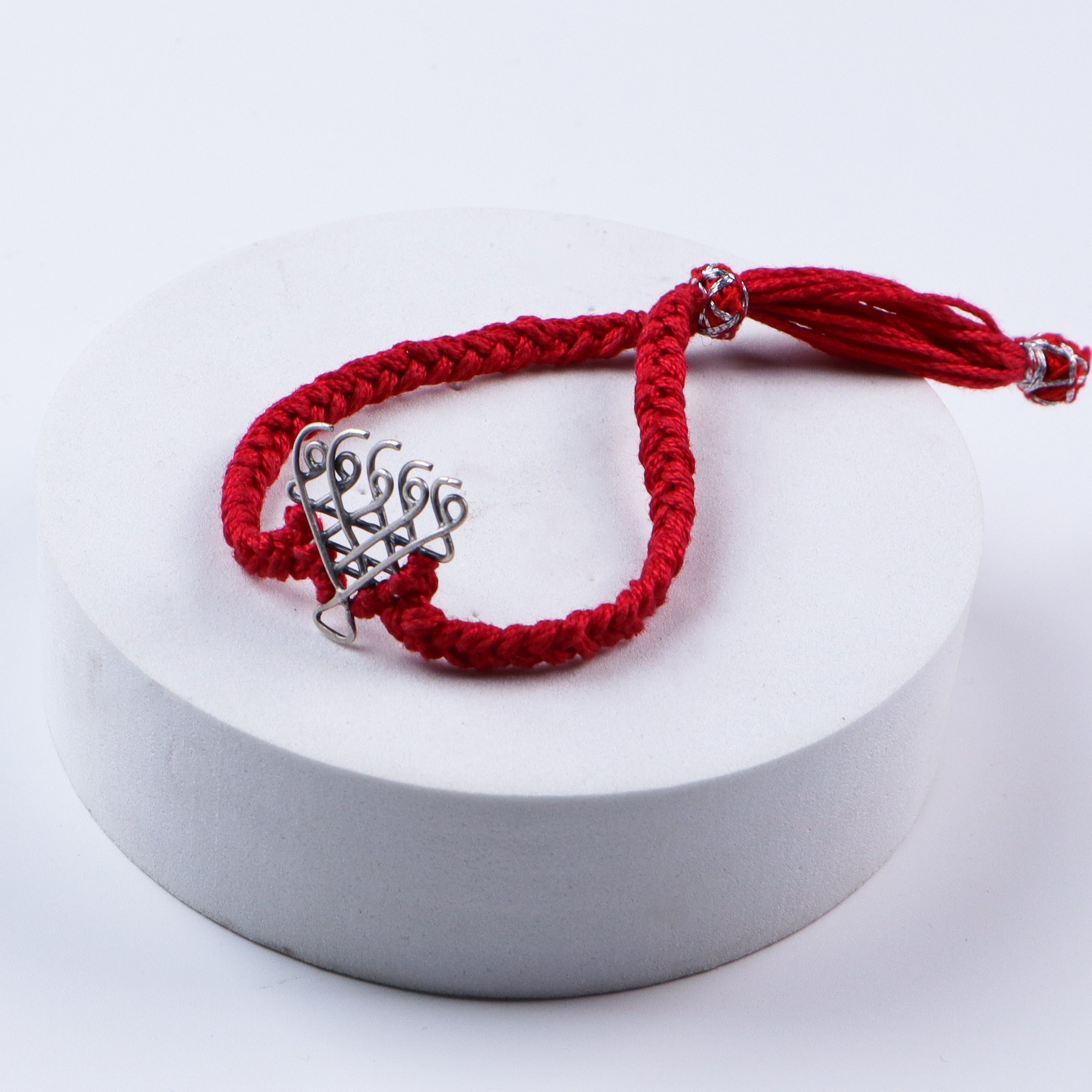 Silver Saraswati Bracelet for Men / Women with Red Thread ( Motif size : Small )