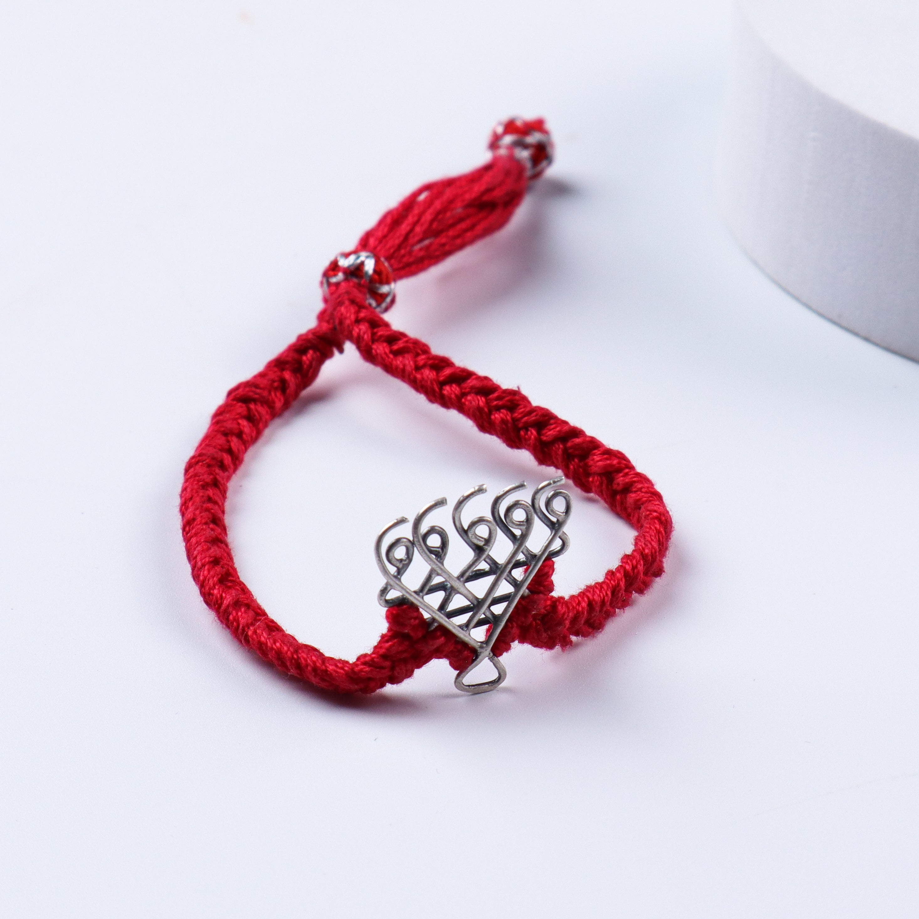 Silver Saraswati Bracelet for Men / Women with Red Thread ( Motif size : Small )