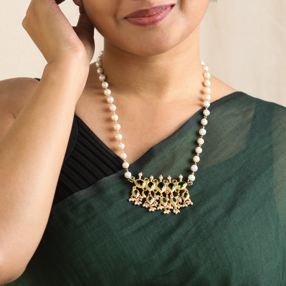 Silver Tanmani Set with Green Onyx (Gold Plating)