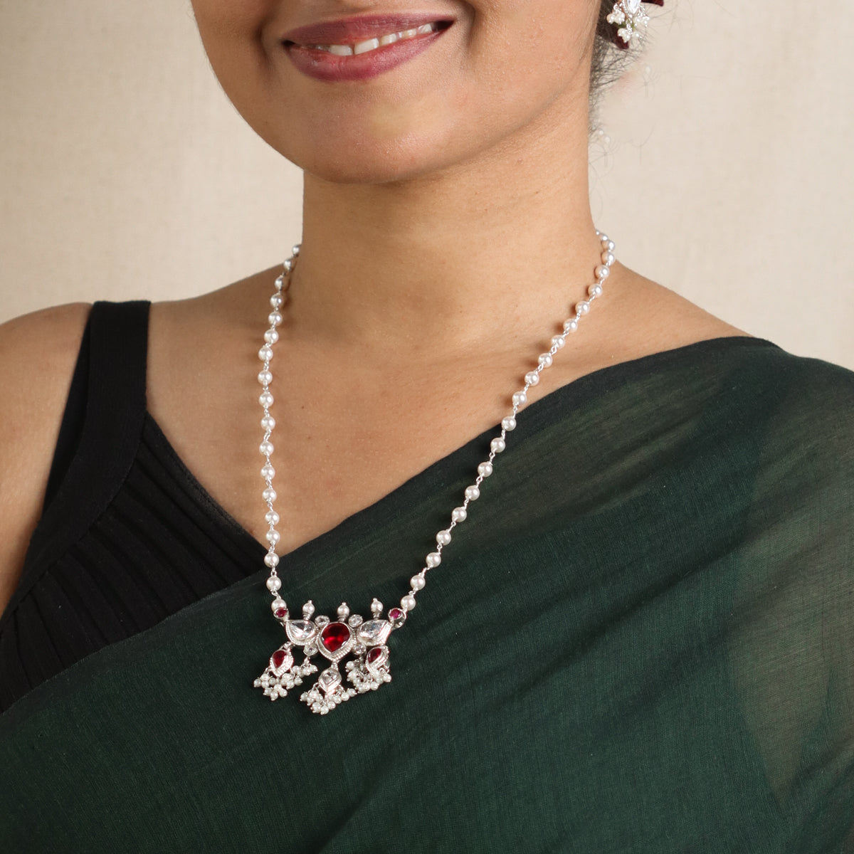 Silver Tanmani Set with Pink and CZ Stones