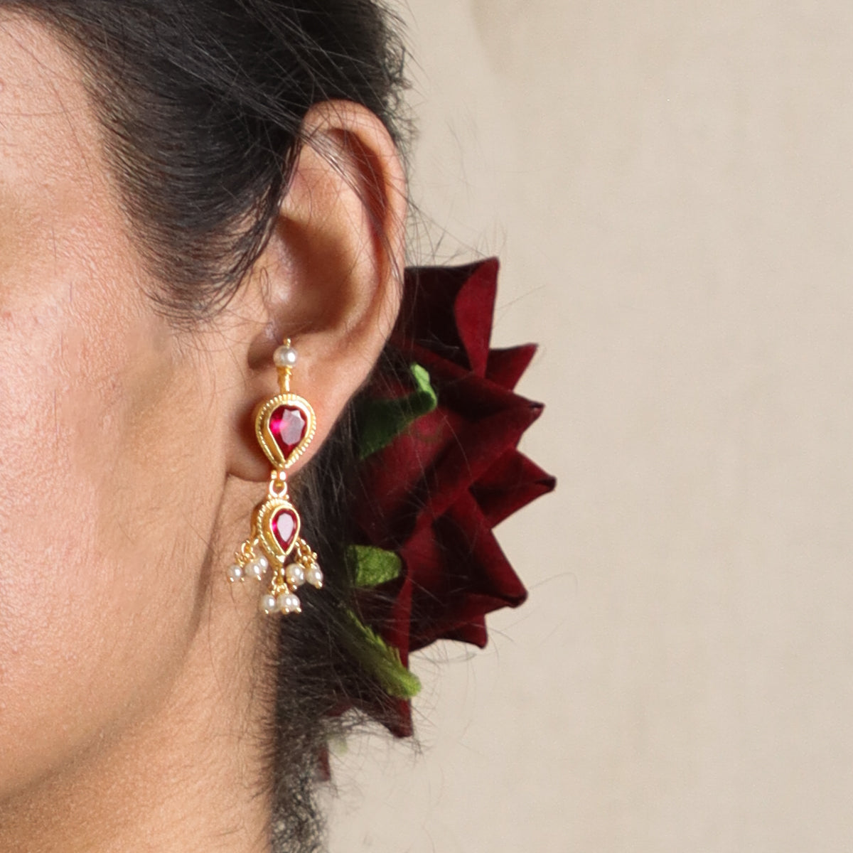 Silver Tanmani Set with Pink Stones (Gold Plating)