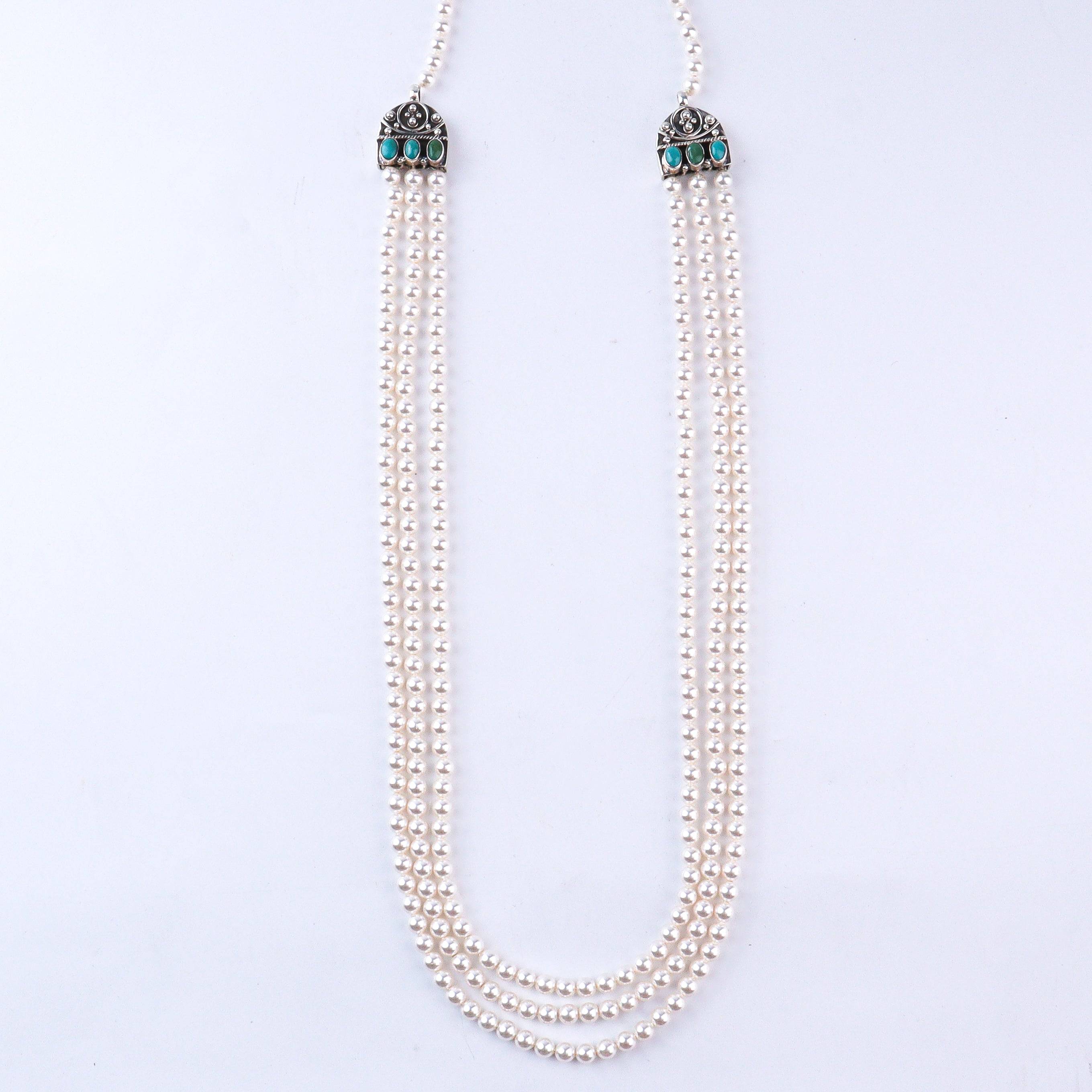 3 Layer Green Semi-precious Stone Pearl Neckalce | 92.5 Silver