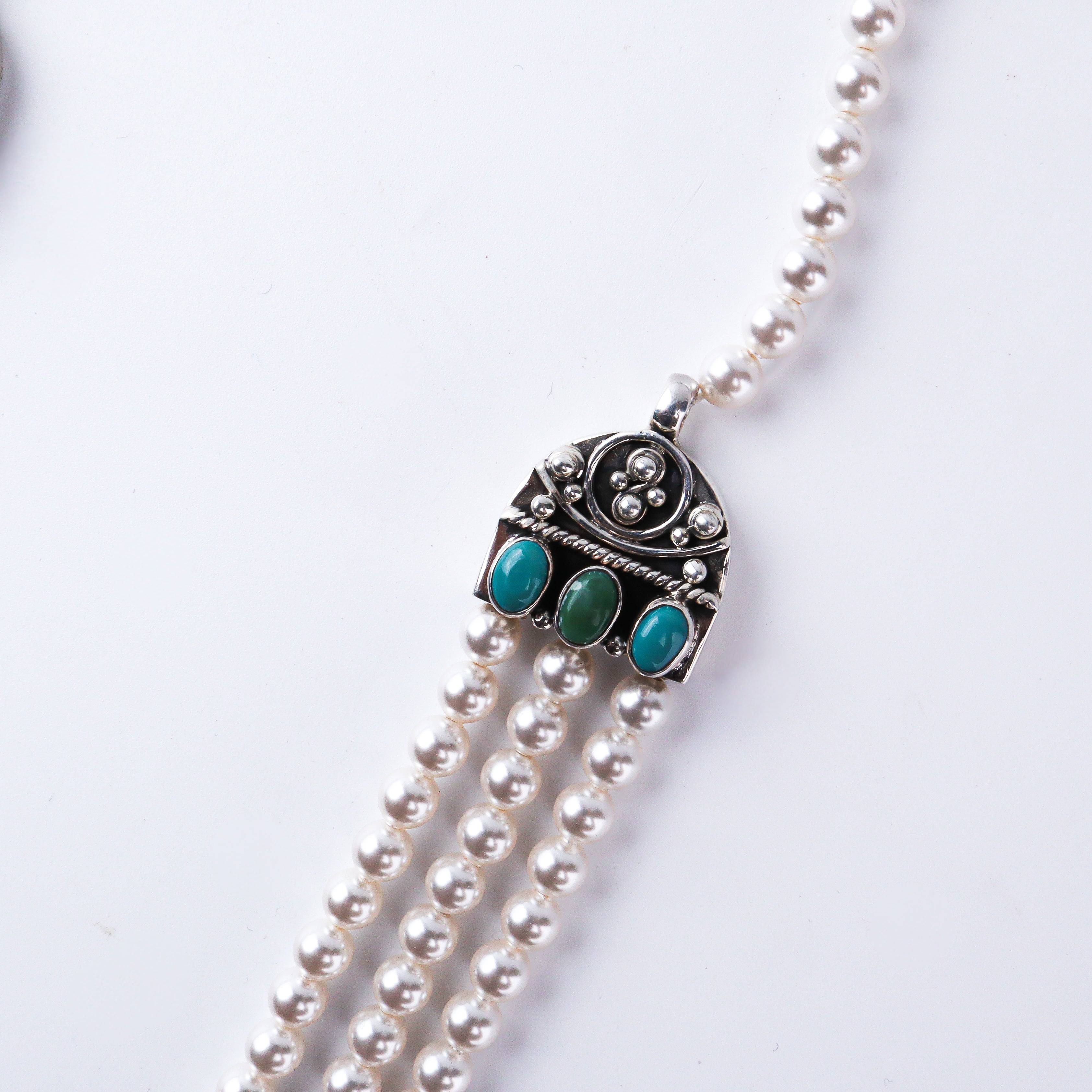 3 Layer Green Semi-precious Stone Pearl Neckalce | 92.5 Silver