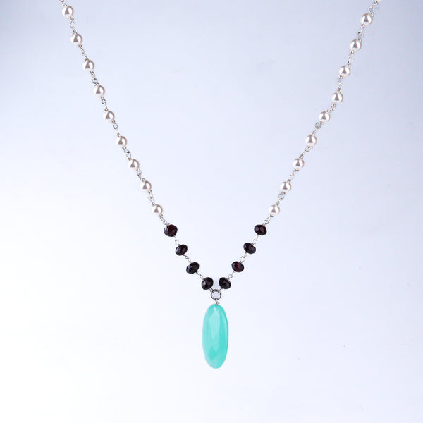 Silver Pearl Ganthan Necklace With Multi-color Stone