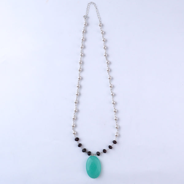 Silver Pearl Ganthan Necklace With Multi-color Stone
