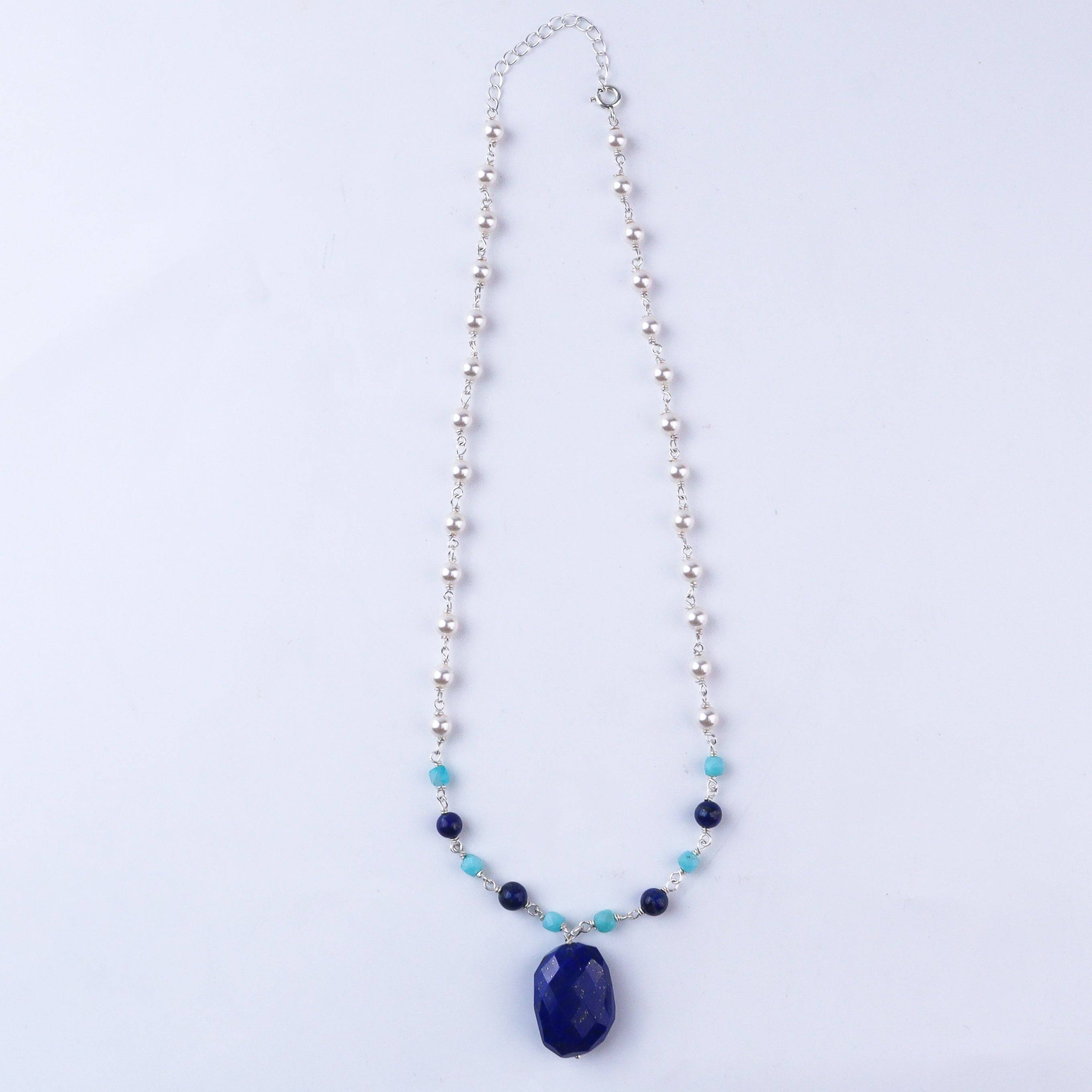 Silver Pearl Ganthan Necklace With Multi-color Stone