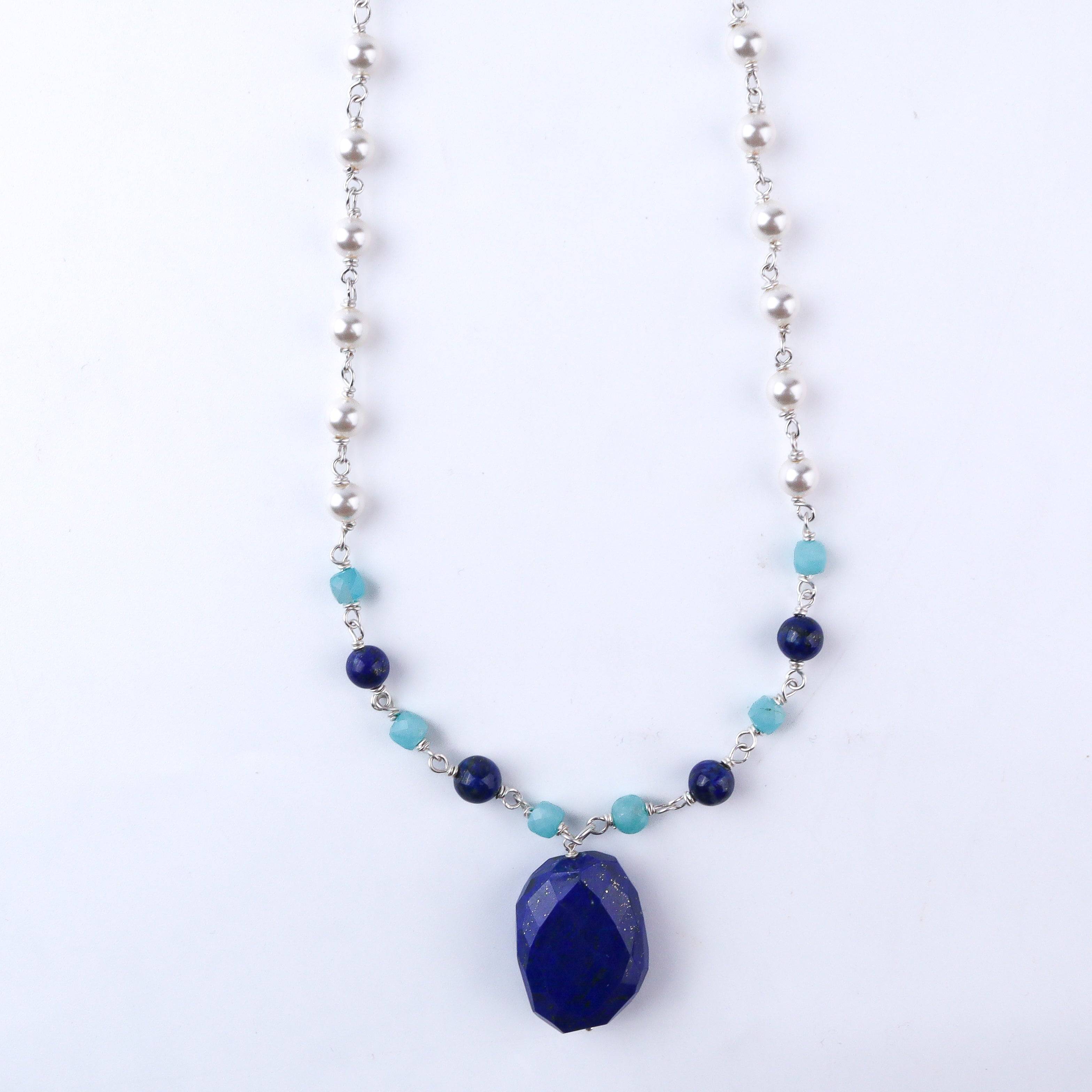 Silver Pearl Ganthan Necklace With Multi-color Stone