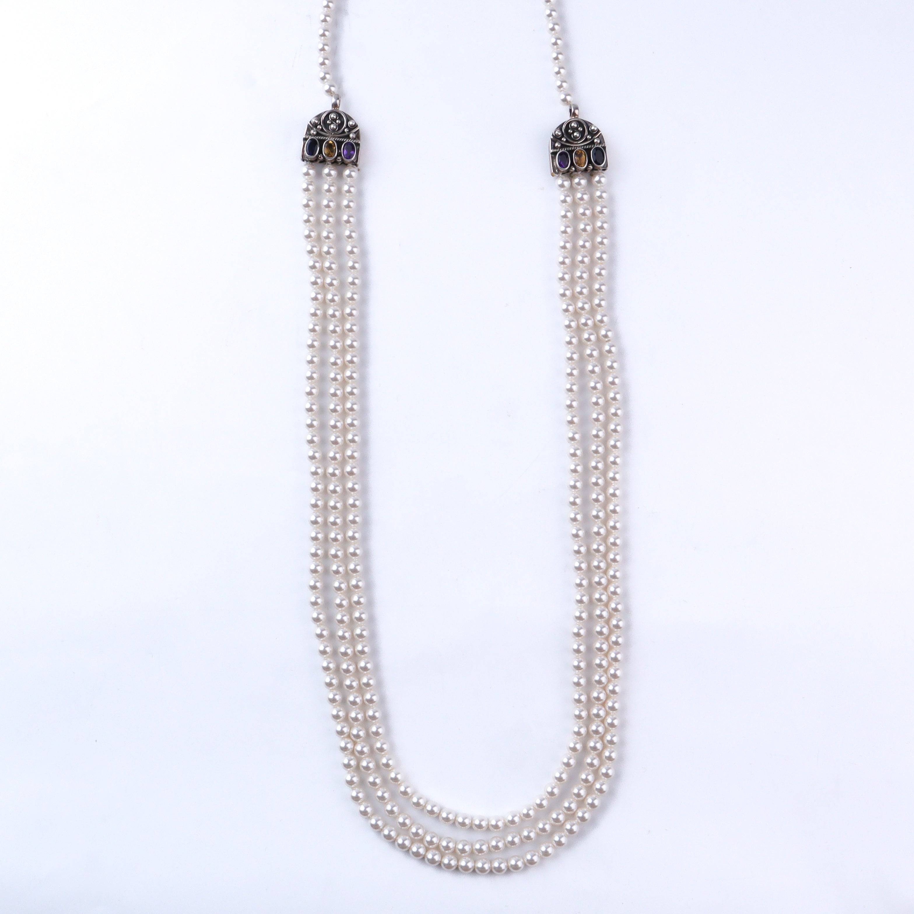 3 Layer Multi-color Pearl Necklace | 92.5 Silver