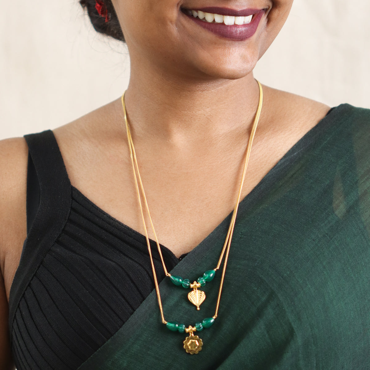 Saaj Motif Necklace with Green Onyx |  92.5 Silver | 22K Gold Plated