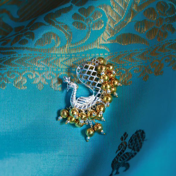 Swarna Rajat | The Peacock Filigree Brooch | 92.5 Silver | Dual tone