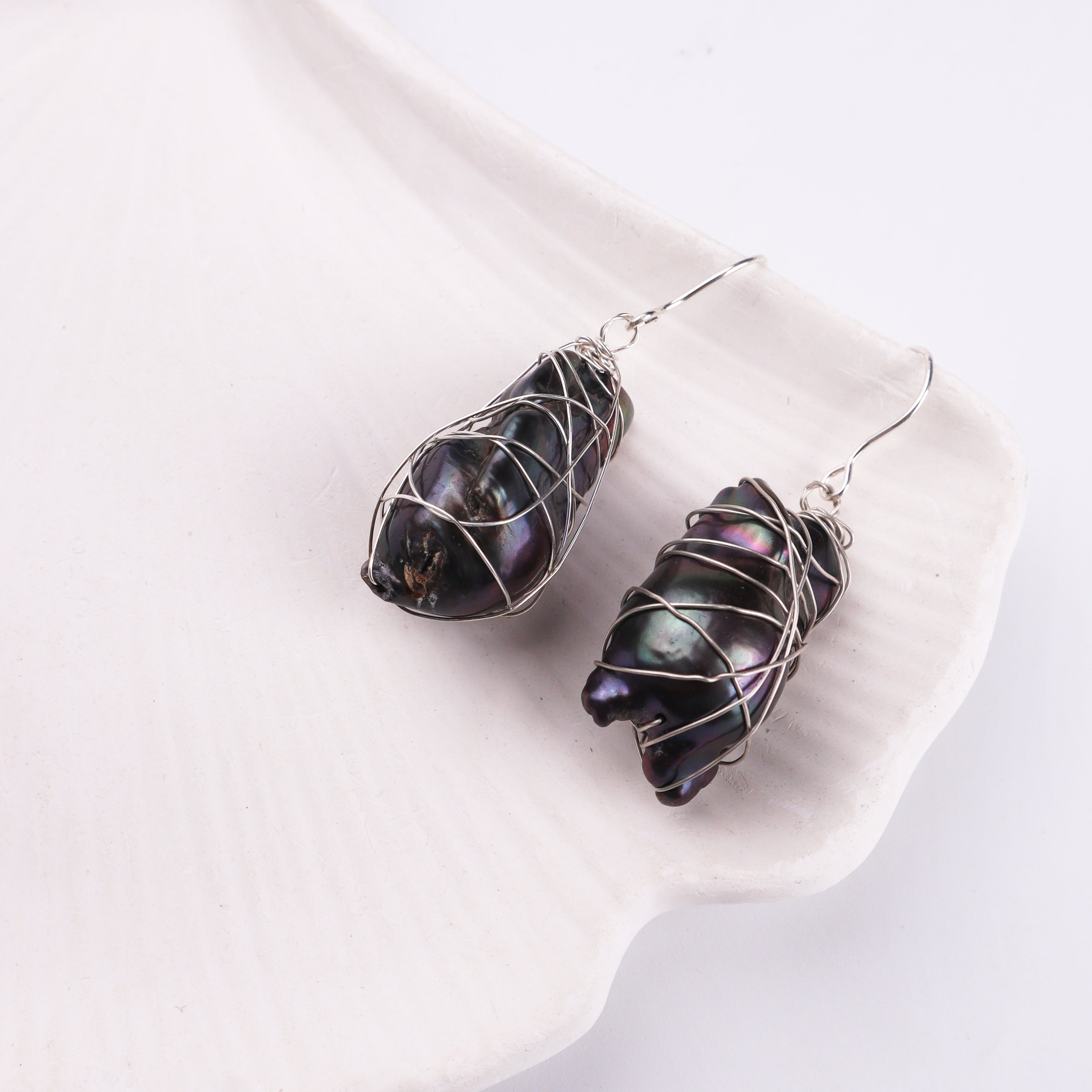 Wired Wrap Baroque Pearl Silver Earrings (Project Handmade)