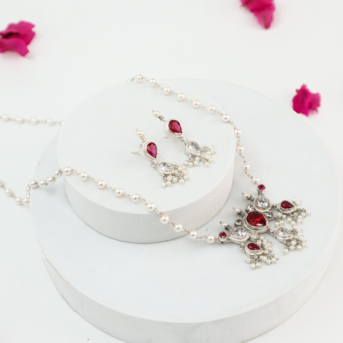 Silver Tanmani Set with Pink and CZ Stones